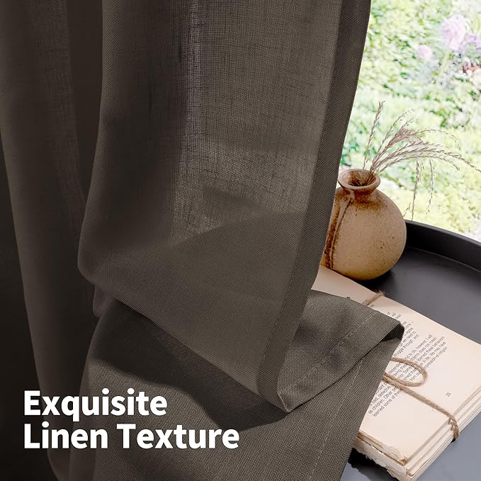 YoungsTex Brown Linen Curtains 63 Inches Long for Living Room Window, Light Filtering Drapes Semi Sheer with Grommet Privacy Decorative for Bedroom, 2 Panels, 52 X 63 Inch