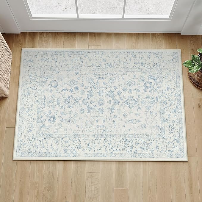 2x3 Blue Entryway Area Rug Machine Washable Door Mat Kitchen Vintage Distressed Non Slip Carpet Indoor Retro Floral Accent Throw Small Rug for Bathroom Office Bedroom Living Dining Room