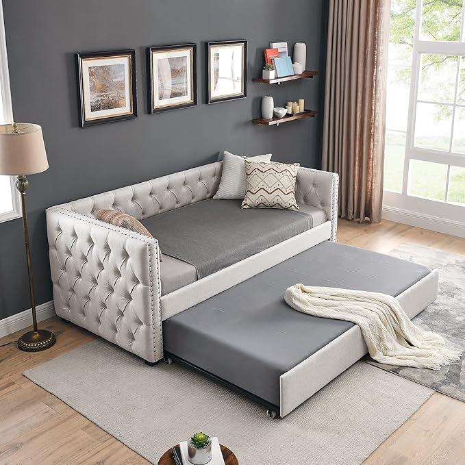 Antetek Daybed with Trundle, Upgraded Linen Upholstered Twin Size Day Bed Button-Tufted Sofa Daybed Frame with A Trundle,No Box Spring Needed,Furniture for Bedroom Living Room Guest Room (Beige, Twin)