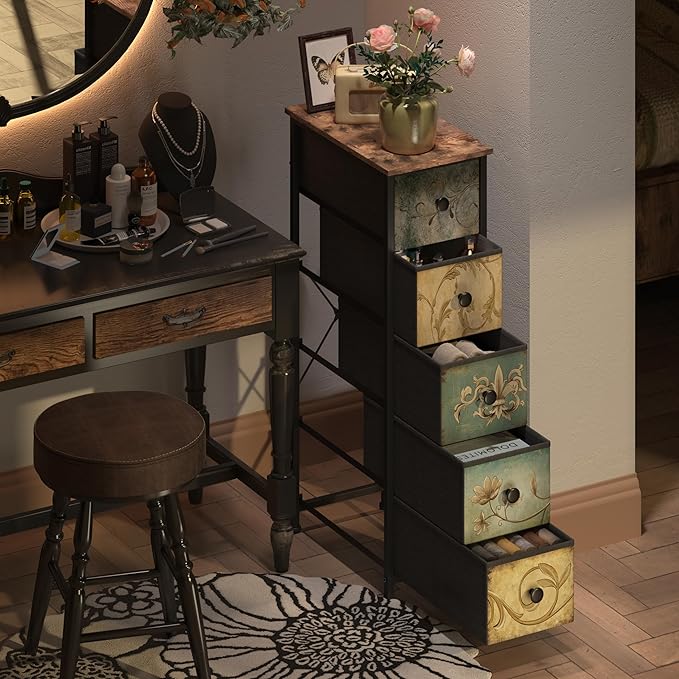 Tohomeor Narrow Storage Dresser Slim Dresser with Retro Flowers Fabric Drawers Vertical Skinny Cabinet for Small Spaces,Bathroom,Bedroom Closet Nightstand,Entryway Organizer (Retro Flower, 5 Drawers)
