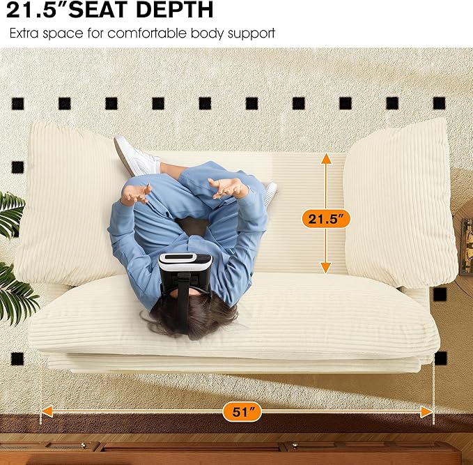 51" Loveseat Sleeper Sofa Bed, Corduroy Convertible Floor Sofa Bed for Small Spaces, Folding Couch Bed with Deep Seat, 2 Pillows & Solid Frame, Pull Out Floor Couch for Living Room, Beige