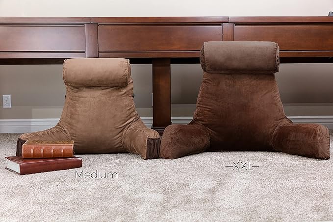Husband Pillow Medium Aspen Edition Saddle Brown, Sit Up Reading & Bed Rest with Arms, Ultra-Comfy, Detach Neck Roll - Premium Shredded Memory Foam Backrest, Reverses to Micro: Suede or Plush