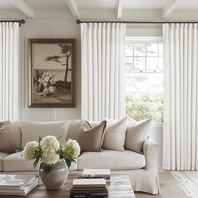 Beige White Pinch Pleated Linen Curtains 102 Inches Long 60 Inch Width Linen Blend Light Filtering Window Curtains 102 Inch for Living Room Bedroom Patio Pinch Pleat Drapes Hooks Rings 1 Panel 60x102
