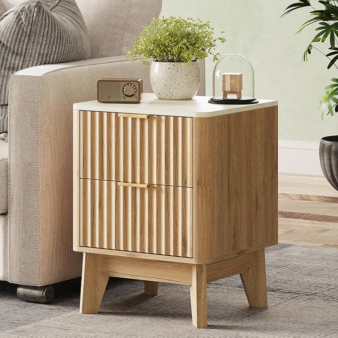 Fluted Nightstand with Faux Marble Top,Modern End Table with Metal Handles,2 Storage Drawers Side Table, Bedside Table for Bedroom,Living Room, Curved Profile Design Furnitue, Natural Oak