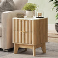 Fluted Nightstand with Faux Marble Top,Modern End Table with Metal Handles,2 Storage Drawers Side Table, Bedside Table for Bedroom,Living Room, Curved Profile Design Furnitue, Natural Oak