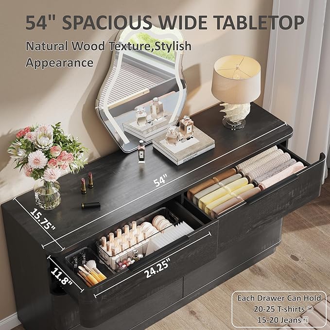 6 Drawer Dresser for Bedroom, 54" Wide Modern Chest of Drawers with Metal Handle, Curved Profile Design, Wooden Black Dresser Closet Clothes Storage TV Stand for Living Room, Hallway