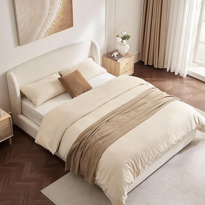 CHITA Queen Size Bed Frame, Upholstered Platform Bed with Wingback Headboard, Wooden Slats Support, Noise-Free, No Box Spring Needed, Cream