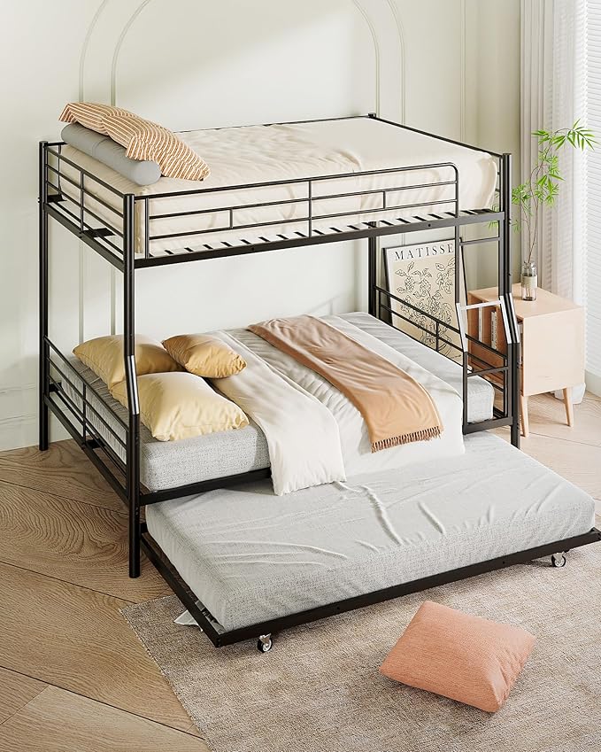 Full XL Over Queen Bunk Bed with Trundle, Heavy-Duty Queen Bunk Bed with with Safety Ladder and Full-Length Guardrail, Convertible to 3 Beds for Teens and Adults, Black