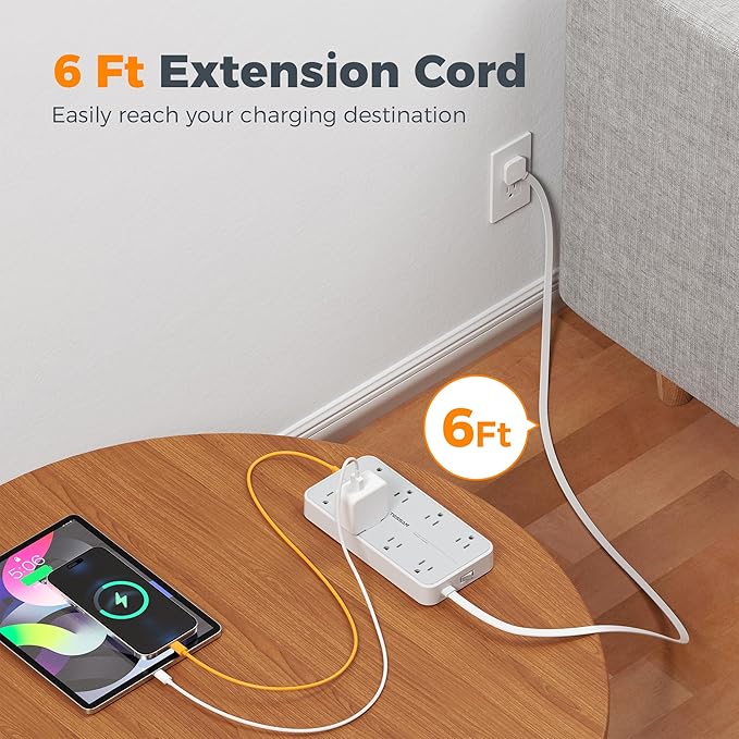 TESSAN Flat Plug Extension Cord 6 FT, Surge Protector Power Strip with 8 AC Outlets 3 USB (1 USB C), 1080 Joules, 1875W 15A, Multiple Wall Outlet Extender Station for Home Office School Dorm
