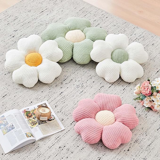Kcvvcr Flower Throw Pillow, Cute Flower Shaped Pillow Decorative Throw Pillow for Bed Couch, Soft Daisy Pillows Floor Seating Cushion Cushions (19.6 Inch White+Green)