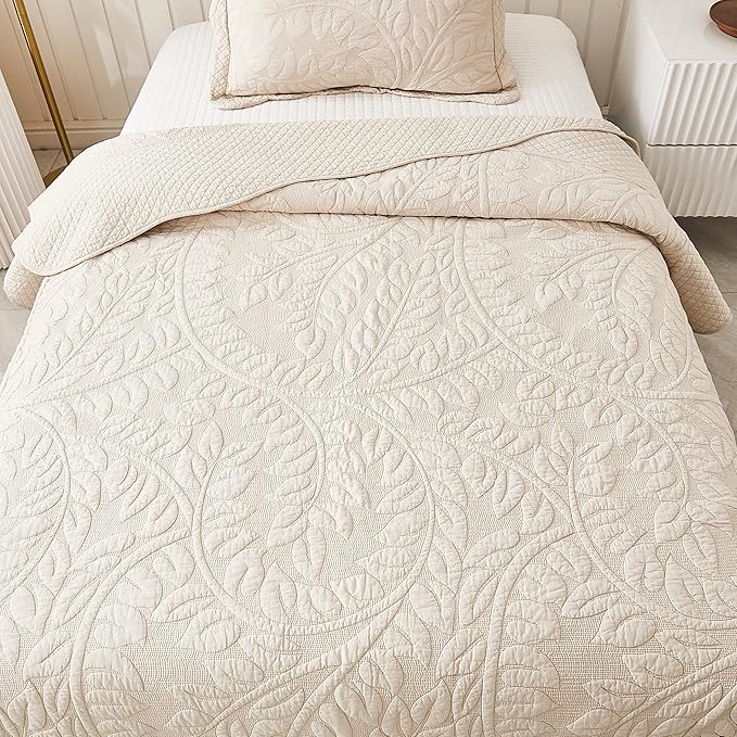 MarCielo 3-Piece 100% Cotton Oversized Bedspread Lightweight Quilt Coverlet Embroidery Farmhouse Bedding Set T0 (Yellowish Beige, Twin (68"x86"))