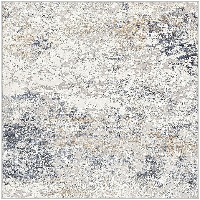 Square Area Rug Living Room Rugs - 8x8 Washable Large Soft Indoor Neutral Modern Abstract Low Pile Rug Carpet for Bedroom Dining Room Farmhouse Home Office - Beige Blue