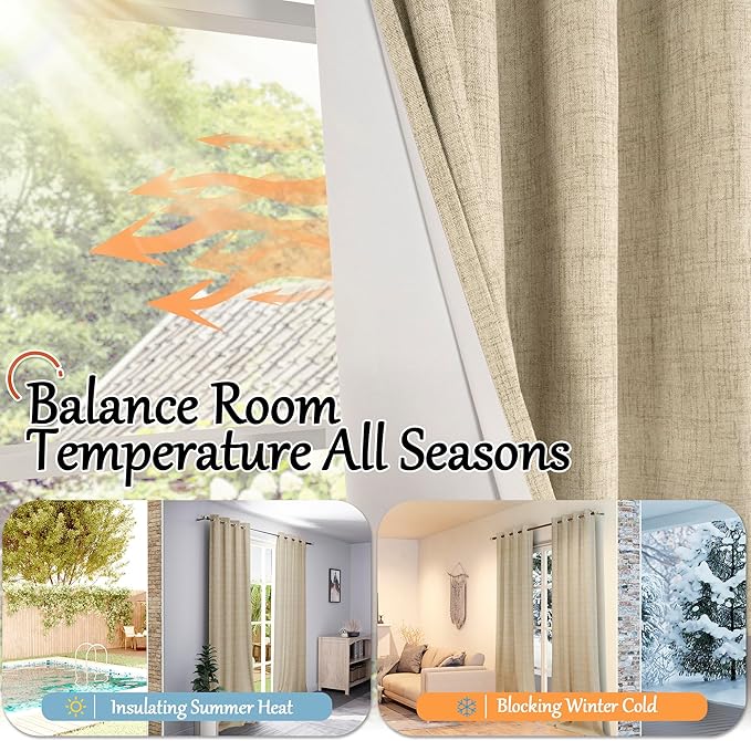 100% Blackout Curtains for Living Room 90 Inches Long 2 Panels, Faux Linen Textured Floor Length Thermal Insulated Bronze Grommet Boho Window Energy Save Drapes, Each 52" Wide, Burlap