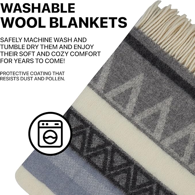 | Wool Blanket/Throw | 100% New Zealand Wool | Perfect for Home and Outdoors | Virgin Wool Throw with Fringes 75"x87" (190 x 220 cm)