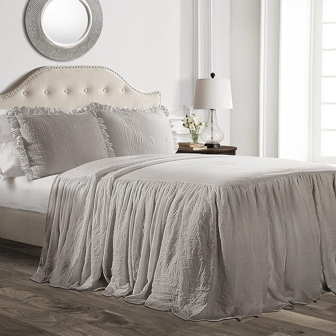 Lush Decor Ruffle Skirt Bedspread Set - 2-Piece Luxurious Farmhouse Bedding - Elegant Ruffle Detail - Timeless Style - Soft Lightweight Sheets - Twin, Grey