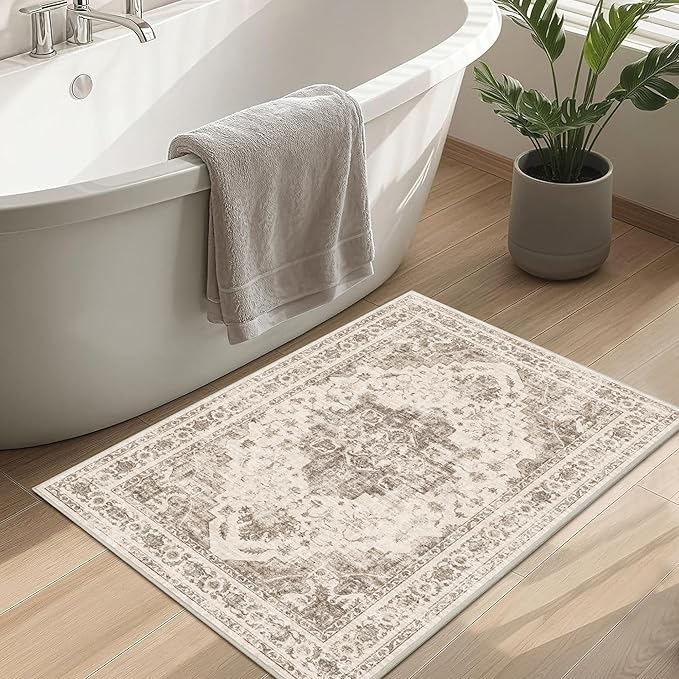 2x3 Vintage Washable Area Rugs for Entryway Soft Non-Slip Bath Mat Boho Medallion Distressed Retro Accent Carpet Floral Low Pile Indoor Throw Rug for Kitchen Laundry Living Room Bedroom, Taupe