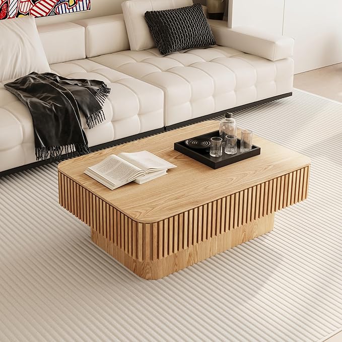 Lift Coffee Table with Storage & Adjustable Height, Solid Wood Coffee Table Fluted Center Table Accent Tea Table or Living Room, Apartment, Office (38.6" Natural)