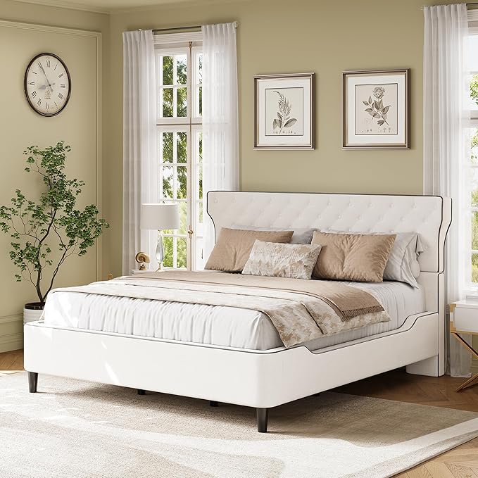 Christopher Knight Home Salus Linen Upholstered Queen Size Bed Frame with Headboard, Modern Queen Bed Frame and Headboard, Wooden Slats Support, Easy Assembly, No Box Spring Needed, Beige