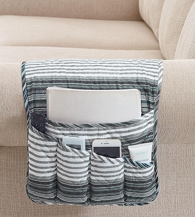 Brilliant Sunshine Multi Grey Stripes Patchwork Couch Armrest 5 Pockets Organizer, Slip Resistant Armchair Caddy, Washable Remote Controls Holder, Storage for Magazine, Tablet, Phone, iPad, Multi Grey