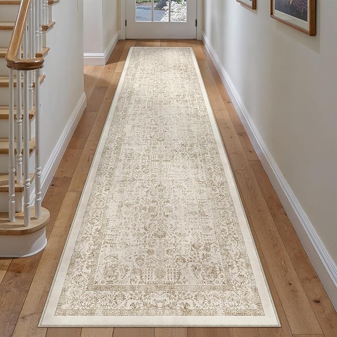 Light Brown Runner Rug 2x12 Hallway Machine Washable Kitchen Vintage Distressed Non Slip Long Carpet Indoor Retro Floral Bedroom Accent Throw Rug for Bathroom Office Laundry Dining Room