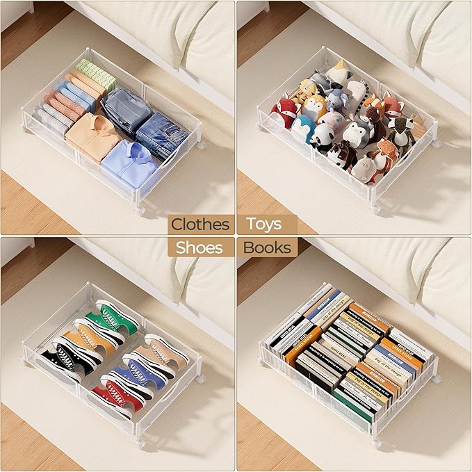 Yecaye Under Bed Storage with Wheels, 2 Pack Under Bed Shoe Storage Organizer Drawer, Tool-free Assembly Metal Underbed Storage Containers for Clothes, Shoes, White