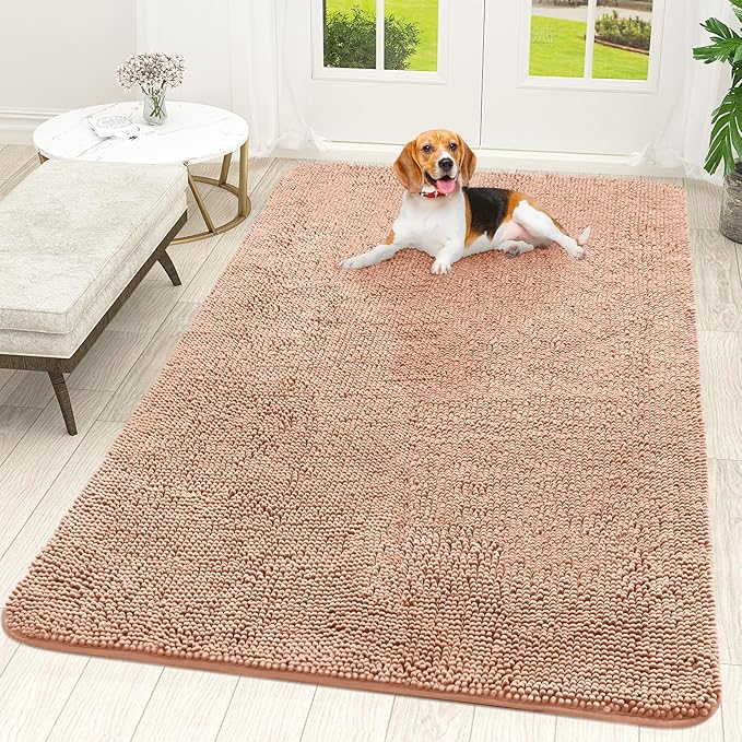 OLANLY Dog Door Mat for Muddy Paws 70x46, Absorbs Moisture and Dirt, Absorbent Non-Slip Washable Doormat, Quick Dry Chenille Mud Mat for Dogs, Entry Indoor Entryway Carpet for Inside Floor, Peach