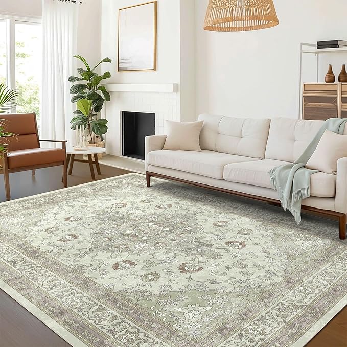 vivorug 4x6 Rug, Small Area Rug for Living Room, Bedroom, Kitchen, Machine Washable Non-Slip Throw Rug, Vintage Floral Carpet for Entryway Nursery Coffee Table - Durable (Sage Green)