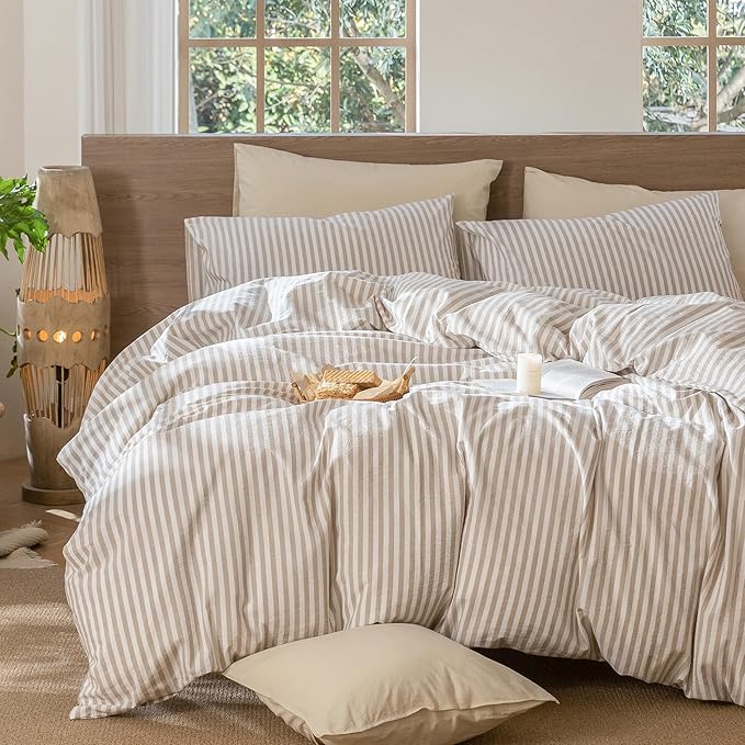 MooMee Striped Duvet Cover Set 100% Washed Cotton Linen Like Textured Breathable Durable Soft Comfy (Tannish Linen Grey White Classic Stripes, Full 80"x90")