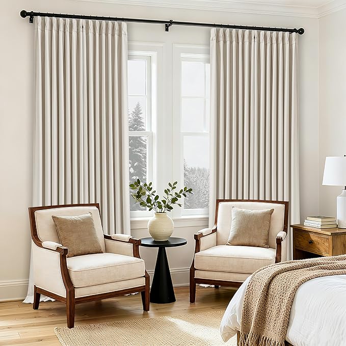 Extra Wide Blackout Curtains 70 x 108 Inches Long for Bedroom Living Room Neutral Farmhouse Pinch Pleated Double Layer Thick Linen Drapes Thermal Insulated with Back Tab for Large Windows 1 Panel
