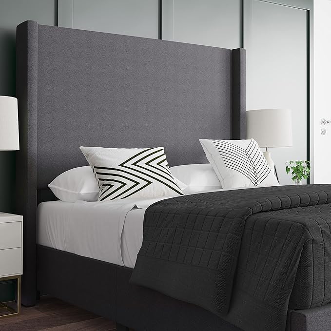 EMMA + OLIVER Nora Full Size Faux Linen Upholstered Platform Bed with Plush Padded Wingback Headboard (No Box Spring Needed), Modern Upholstered Headboard Full Bed Frame, Gray