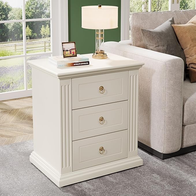 Tribesigns 3-Drawer Nightstand Set of 2, Modern Bedside Table with Storage Drawers, Wood Night Stand Side End Table for Bedroom, Beige