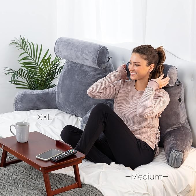 Husband Pillow Medium Dark Grey, Backrest for Kids, Teens, Petite Adults - Reading Pillows with Arms, Adjustable Loft, Plush Memory Foam, Bed Rest Chair Sitting Up, Detach Neck Roll, Removable Cover