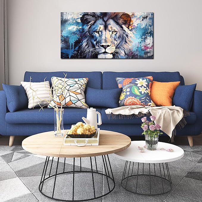 ENTANUB Lion Wall Art for Living Room, Animal Canvas Print Painting for Bedroom, Blue Picture Decor, Size 40x20 Inches
