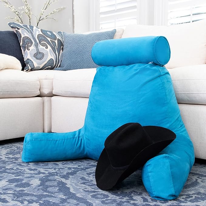Husband Pillow XXL Reading & Bed Rest Pillows - Premium Memory Foam Backrest Pillow with Arms & Neck Roll - Aspen Edition Rodeo Blue - Reversible 2 Sided Cover with Plush Microfiber and Suede