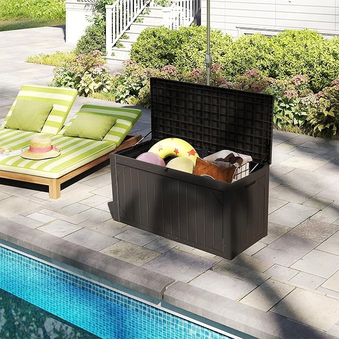 100 Gallon Outdoor Storage Box Waterproof, Lockable Resin Deck Box Patio Storage Bin for Pool Accessories Cushion Furniture, Garden Tools, UV-Resistant Outside Delivery, Black