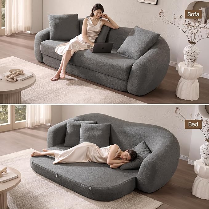 SICOTAS Curved Sofa Couch Bed for Living Room Convertible Futon Cloud Boneless Sleeper Chair Pull Out Floor Couch with Deep Seat Sofa Set Foam No Assembly Required for Bedroom Apartment, Dark Grey