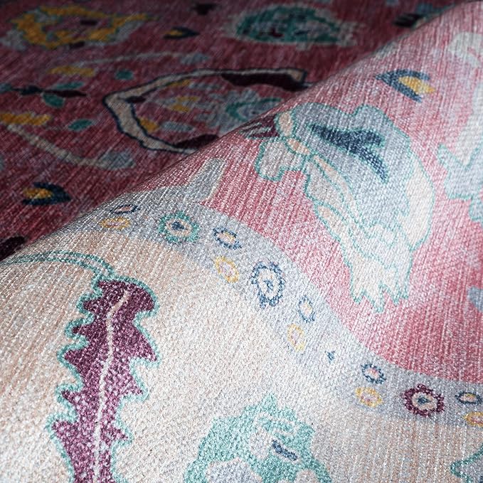 Fame Rugs Pink Modern Oushak Rug 2'6"x7', Washable Vintage Turkish Colorful Oriental Antique Inspired Foldable Small Runner Rugs, Luxury Living Room Bedroom (385PB, 2'6" x 7')