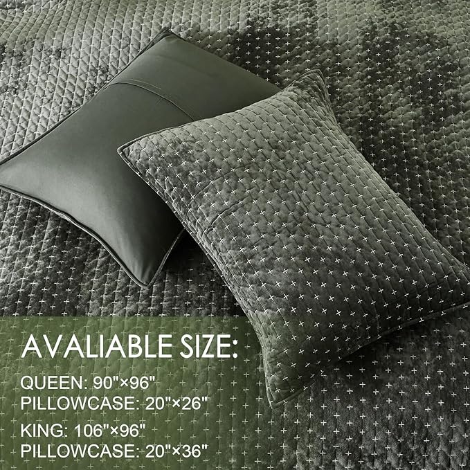 Velvet Quilt King Size, Oversized Bedspread Quilted Bedding Set, Luxurious Soft Coverlet Set Lightweight Velvet Comforter for All Season with 2 Pillow Shams, 96x106" Army Green Striped Quilt Set