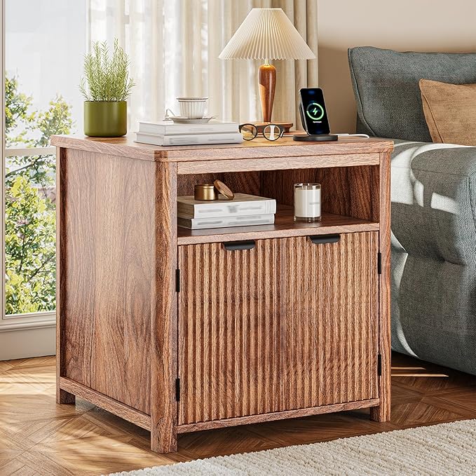Fluted Nightstands Set of 2 with Charging Stations, 23.6" Wide Walnut Nightstand with Storage Drawers, Side Tables, Modern Farmhouse End Tables for Bedroom, Walnut Brown