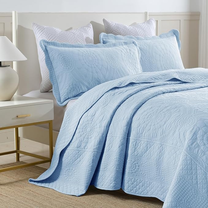 MarCielo 3-Piece 100% Cotton Oversized Bedspread Lightweight Quilt Coverlet Embroidery Farmhouse Bedding Set (Tf Light Blue, Oversized Queen (100"x106"))