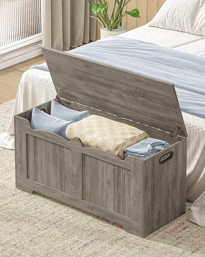 Hzuaneri 39.4" Storage Chest, Storage Bench Trunk with 2 Safety Hinge,Wooden Box, Lift-Top Chest Organizer, Shoe Bench for Entryway, Bedroom, Living Room, Greige SB01005X