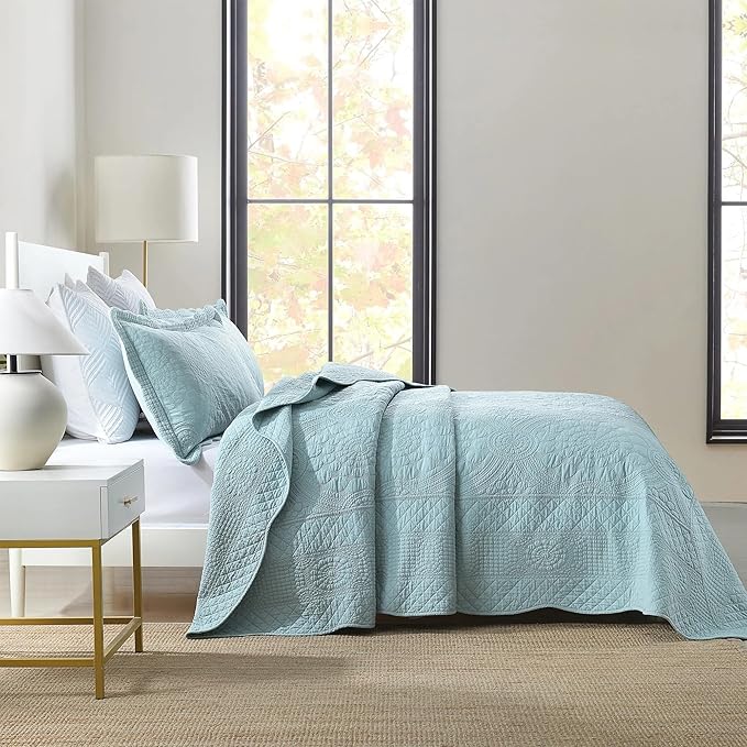 MarCielo 100% Cotton Quilt Set - 3-Piece Embroidered Farmhouse Bedspread & Shams, All-Season Breathable Bedding (Tf Aruba Blue, Queen)
