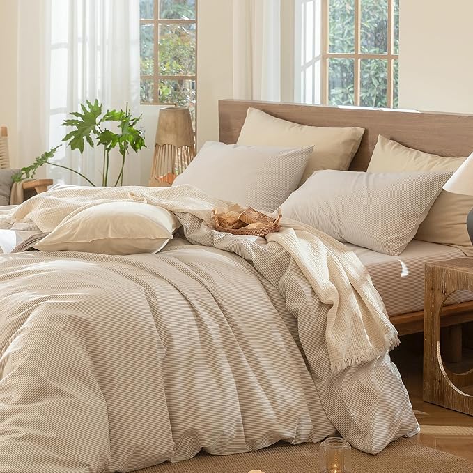 MooMee Striped Duvet Cover Set 100% Washed Cotton Linen Like Textured Breathable Durable Soft Comfy (Tannish Linen Grey White Pinstripes, King 104"x90")