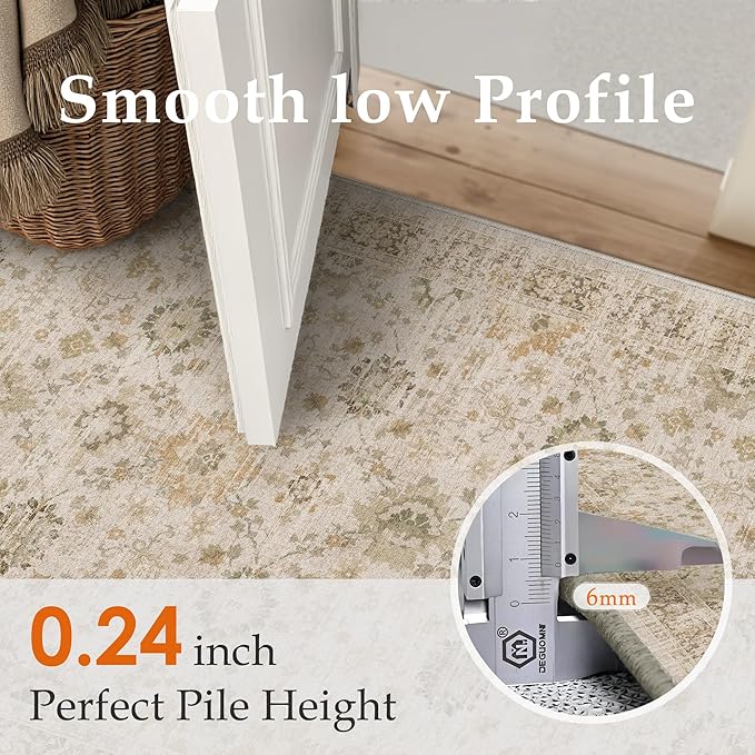 Beige 2x6 Runner Rug Hallway Non Slip Kitchen Vintage Distressed Long Carpet Indoor Machine Washable Traditional Floral Bedroom Accent Throw Rug for Office Laundry Bathroom Dining Living Room
