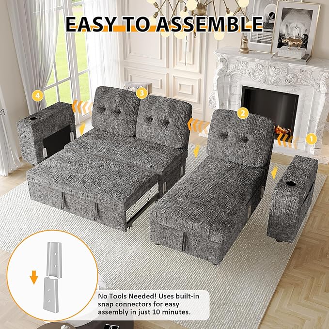 4 in 1 Sleeper Sofa Bed, 90 Inch Pull Out Couch Bed with Adjustable Backrest | Reversible Storage Chaise | Wide Armrest | Tool Free Assembly, Sectional Couches for Living Room, Grey Chenille