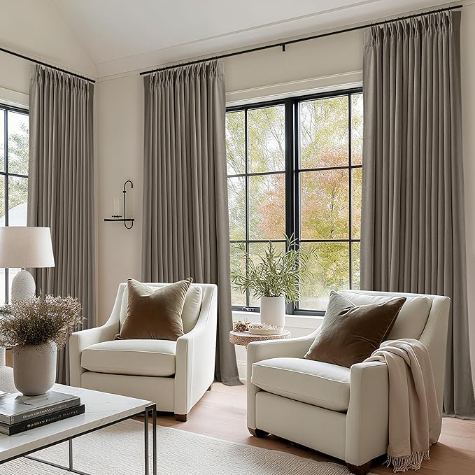 Taupe Grey Linen Blackout Pleated 105 Inch Curtains for Living Room Darkening Pinch Pleat 100% Black Out Drapes Thermal Insulated Soundproof Brownish Gray 105 Inch Curtain for Dining Bedroom