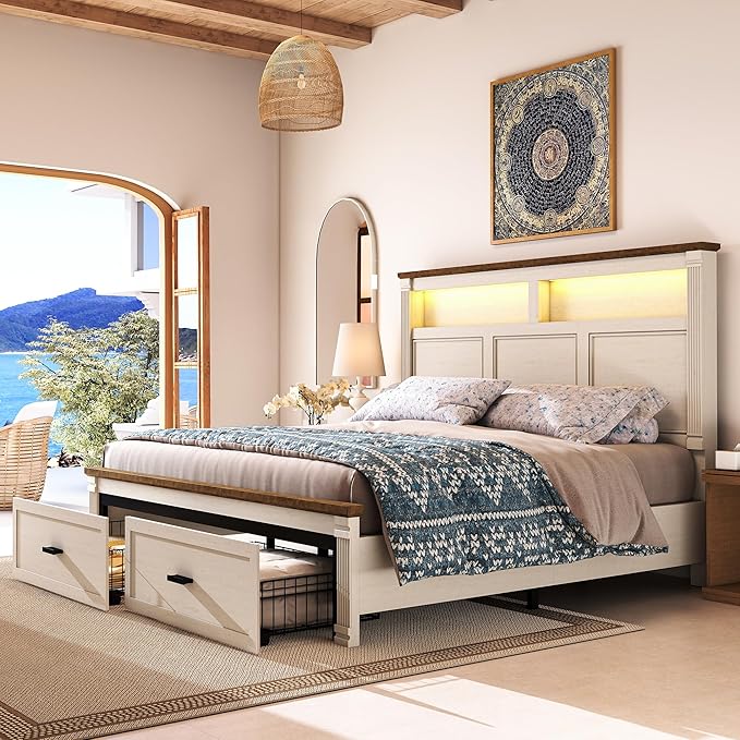 King Size Bed Frame with 53" Tall Headboard, Farmhouse Platform Bed Frame with Roman Column Decoration Footboard & 2 Storage Drawers, LED Built in Charging Station, No Box Spring Needed（Rust White)