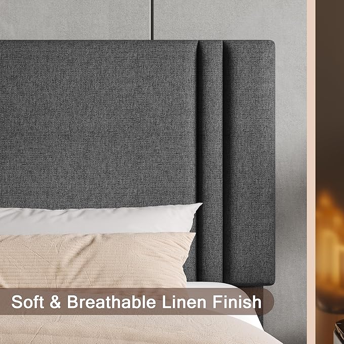 Upholstered King Size Bed Frame with Linen Fabric Headboard, Strong Wooden Slats Support, Noise Free, No Box Spring Needed, Dark Grey