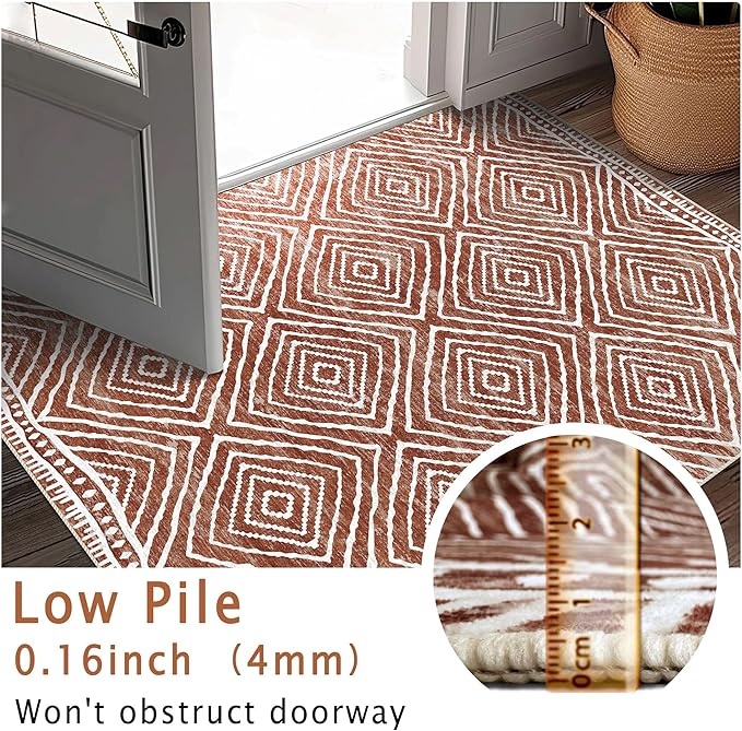 Runner Rug 2x10 Machine Washable Rug with Non-Slip Backing, Ideal for Kitchen Hallway Entryway Laundry Room - Western Style, Durable, Easy Clean, Low Pile Carpet Runner, Brown Red