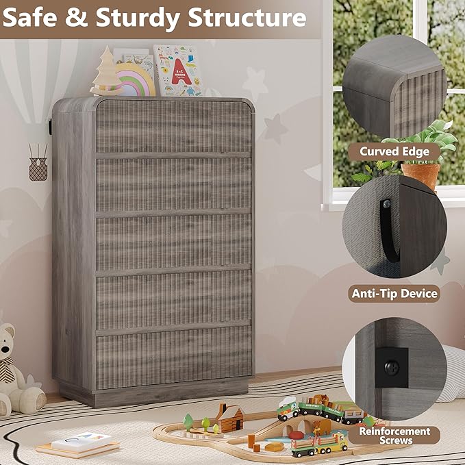 Tall Dresser for Bedroom with 5 Drawers, Fluted Chest of Drawers with Round Curved Corner, Hidden Handles, Modern Wood Storage Organizer for Bedroom, Nursery, Living Room